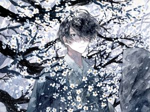 Preview wallpaper guy, kimono, samurai, sakura, anime, art