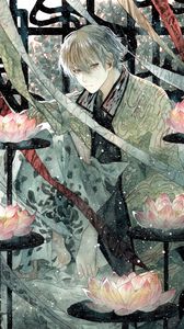 Preview wallpaper guy, kimono, snow, watercolor, anime