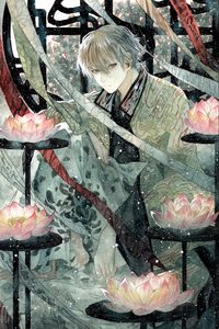 Preview wallpaper guy, kimono, snow, watercolor, anime