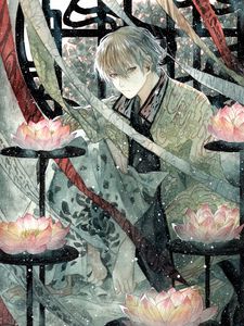 Preview wallpaper guy, kimono, snow, watercolor, anime