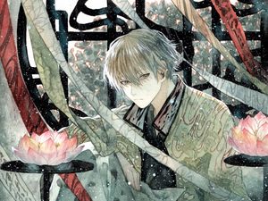 Preview wallpaper guy, kimono, snow, watercolor, anime