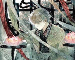 Preview wallpaper guy, kimono, snow, watercolor, anime