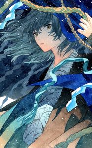 Preview wallpaper guy, kimono, watercolor, snow, anime, blue