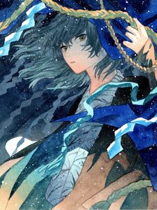 Preview wallpaper guy, kimono, watercolor, snow, anime, blue