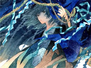 Preview wallpaper guy, kimono, watercolor, snow, anime, blue