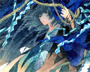 Preview wallpaper guy, kimono, watercolor, snow, anime, blue