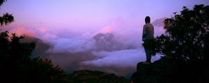 Preview wallpaper guy, mountains, fog, clouds, top