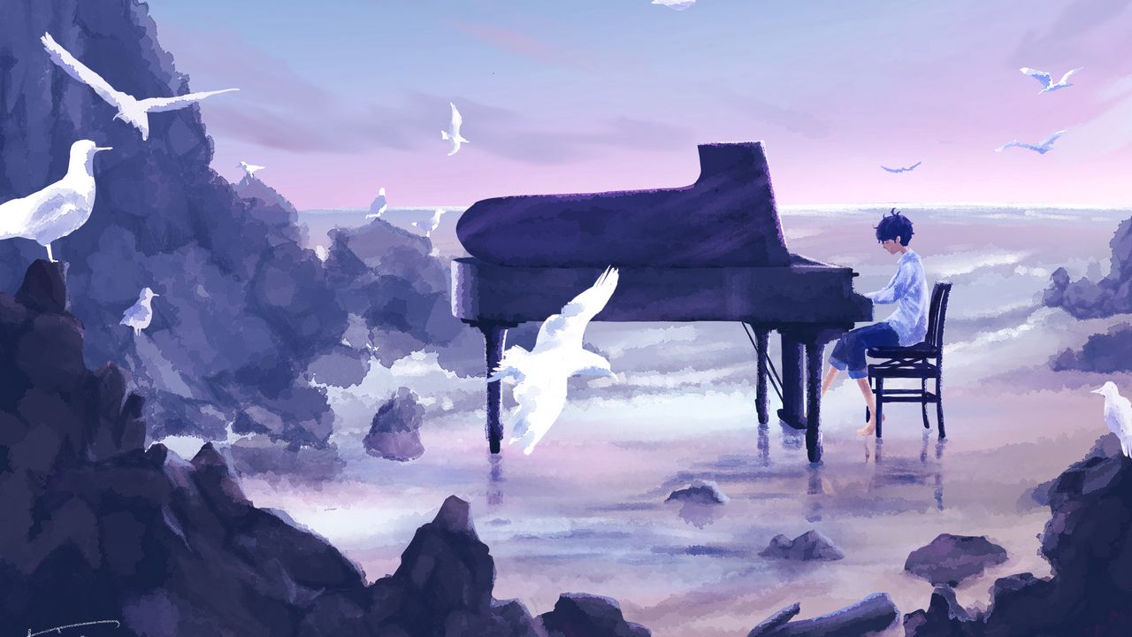 Wallpaper guy, musician, piano, birds, anime, art