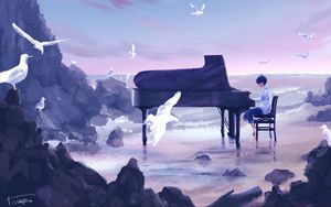 Preview wallpaper guy, musician, piano, birds, anime, art