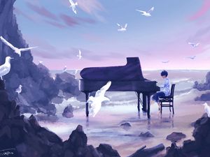 Preview wallpaper guy, musician, piano, birds, anime, art