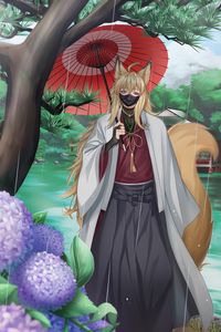 Preview wallpaper guy, neko, ears, umbrella, rain, anime