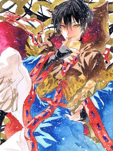 Preview wallpaper guy, neko, fish, snow, watercolor, anime