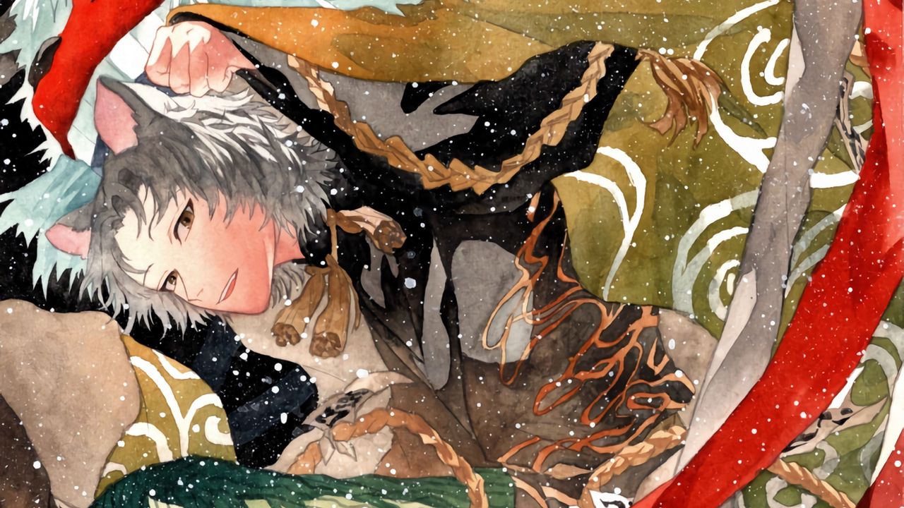 Wallpaper guy, neko, watercolor, snow, anime