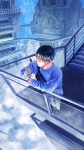 Preview wallpaper guy, phone, buildings, clouds, anime, art, cartoon