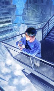 Preview wallpaper guy, phone, buildings, clouds, anime, art, cartoon