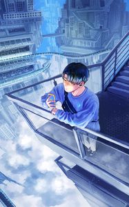 Preview wallpaper guy, phone, buildings, clouds, anime, art, cartoon