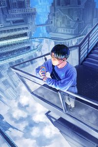 Preview wallpaper guy, phone, buildings, clouds, anime, art, cartoon