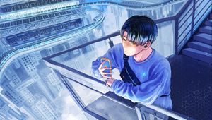 Preview wallpaper guy, phone, buildings, clouds, anime, art, cartoon