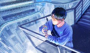 Preview wallpaper guy, phone, buildings, clouds, anime, art, cartoon