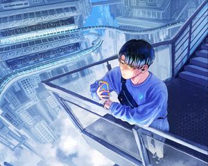 Preview wallpaper guy, phone, buildings, clouds, anime, art, cartoon