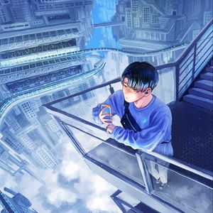 Preview wallpaper guy, phone, buildings, clouds, anime, art, cartoon