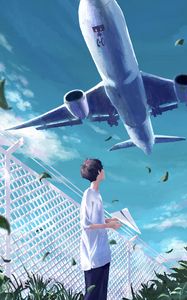 Preview wallpaper guy, plane, sky, anime, art