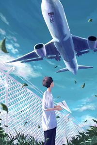 Preview wallpaper guy, plane, sky, anime, art