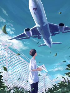 Preview wallpaper guy, plane, sky, anime, art