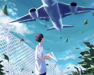 Preview wallpaper guy, plane, sky, anime, art