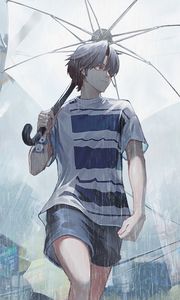 Preview wallpaper guy, rain, umbrella, street, anime
