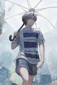 Preview wallpaper guy, rain, umbrella, street, anime