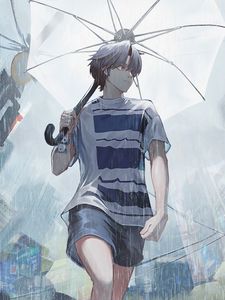 Preview wallpaper guy, rain, umbrella, street, anime