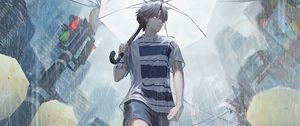 Preview wallpaper guy, rain, umbrella, street, anime