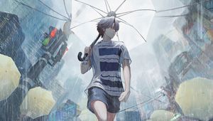 Preview wallpaper guy, rain, umbrella, street, anime