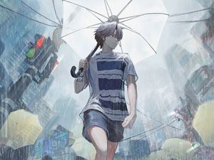 Preview wallpaper guy, rain, umbrella, street, anime