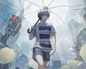 Preview wallpaper guy, rain, umbrella, street, anime