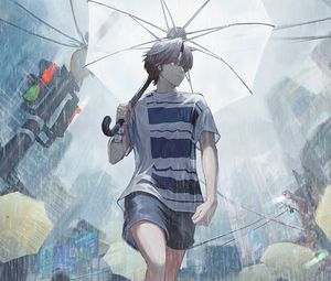 Preview wallpaper guy, rain, umbrella, street, anime