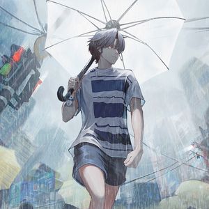 Preview wallpaper guy, rain, umbrella, street, anime