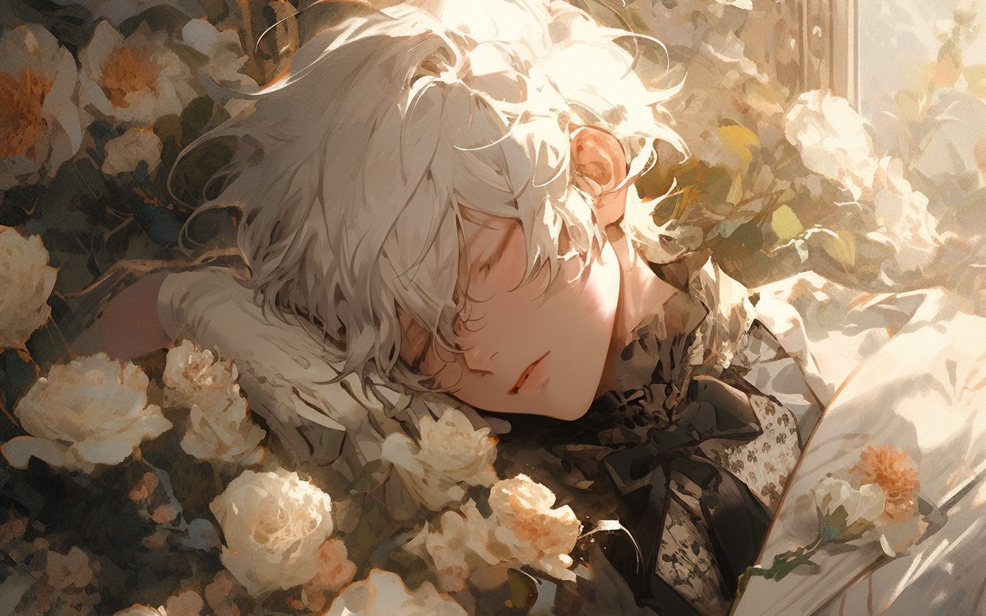 1440x900 Wallpaper guy, roses, flowers, dream, anime