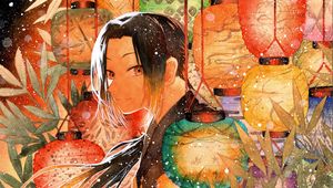 Preview wallpaper guy, samurai, japanese lanterns, anime, art