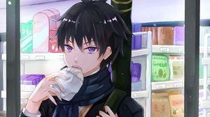 Preview wallpaper guy, scarf, donut, anime