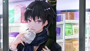 Preview wallpaper guy, scarf, donut, anime