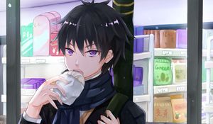 Preview wallpaper guy, scarf, donut, anime