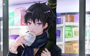 Preview wallpaper guy, scarf, donut, anime