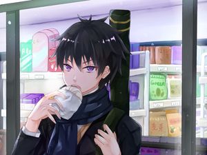 Preview wallpaper guy, scarf, donut, anime