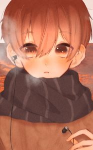 Preview wallpaper guy, scarf, headphones, music, autumn, anime