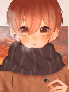Preview wallpaper guy, scarf, headphones, music, autumn, anime