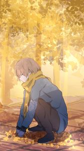 Preview wallpaper guy, scarf, leaves, trees, autumn, anime