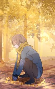 Preview wallpaper guy, scarf, leaves, trees, autumn, anime