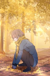 Preview wallpaper guy, scarf, leaves, trees, autumn, anime